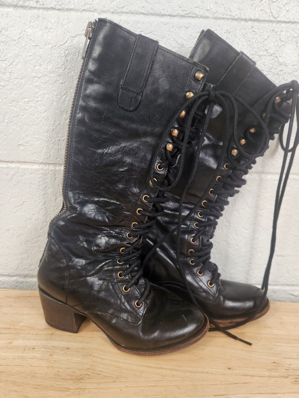 Freebird by Steven GRANY OG Black Leather Tall Lace Up Granny Boots Sz 7 HTF